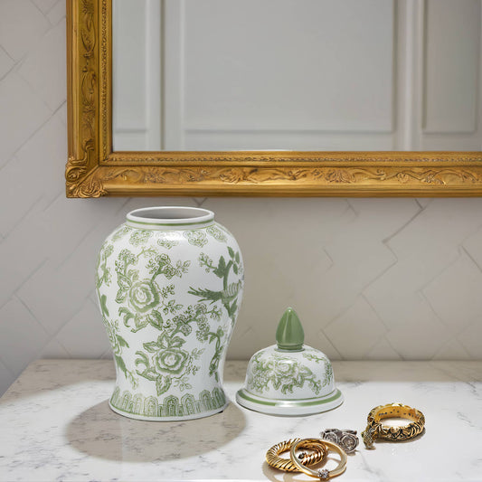 Green/White Bird and Flower Temple Chinoiserie Jar