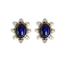 Load image into Gallery viewer, Blue Lapis and Pearl Oval Stud Earrings
