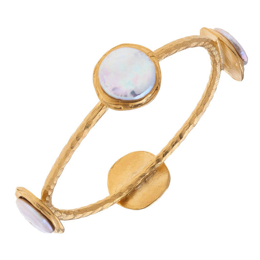 White Pearl Gold Bangle Bracelet