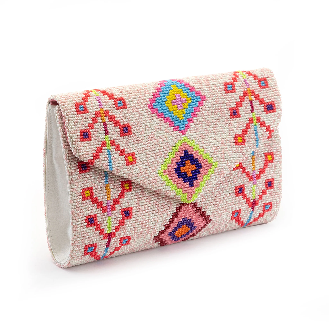 Guptra Clutch Hand Beaded Pink & White Tribal Design