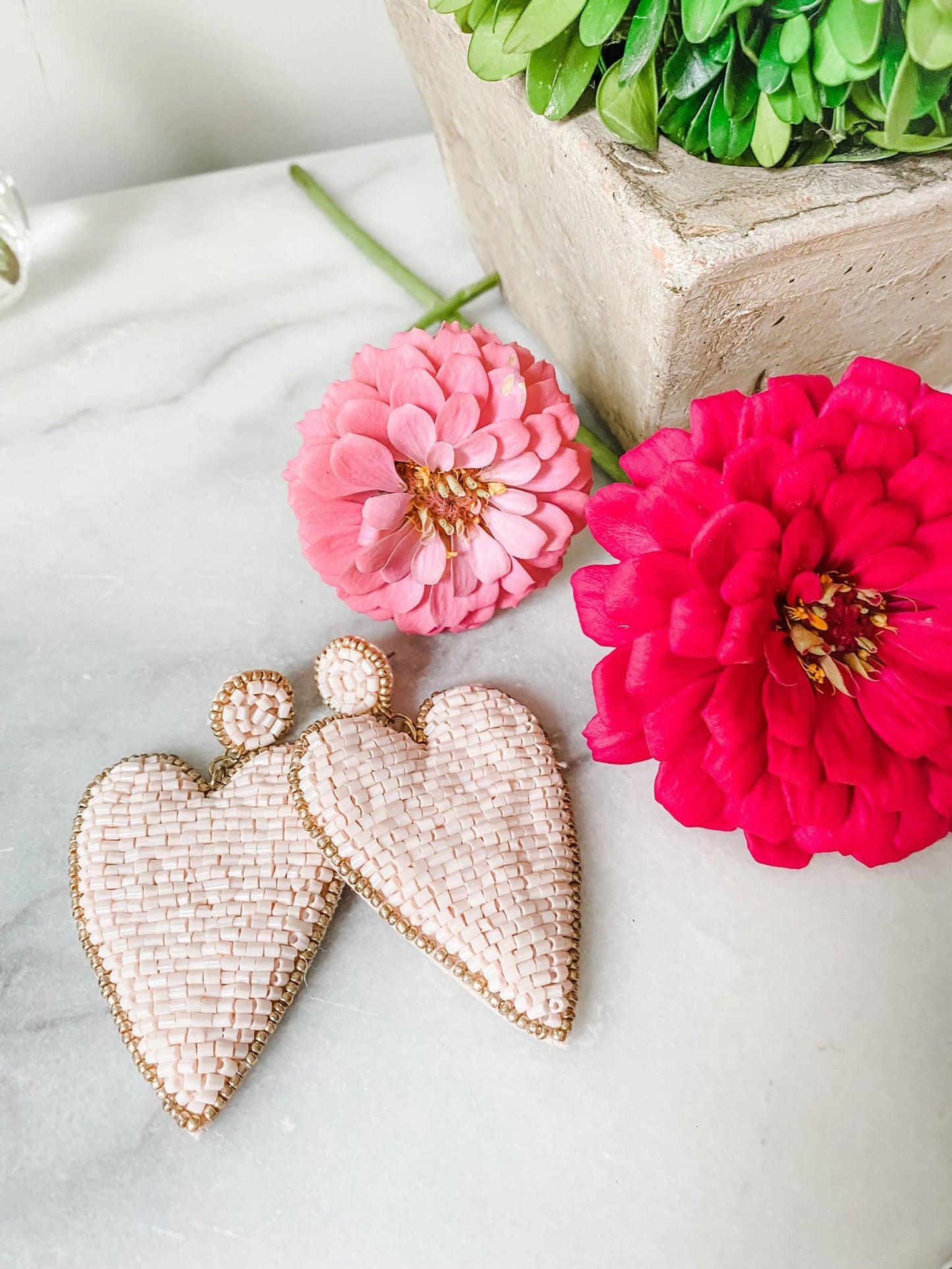 Light Pink Beaded Heart Earrings with Gold Accents