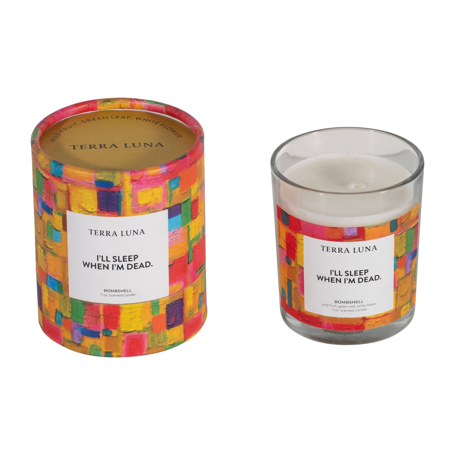Boxed Candle - Yellow/Orange Glass "Sleep When Dead", 7 Oz