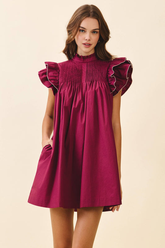 Back Button Down High Neck Babydoll Mini Dress