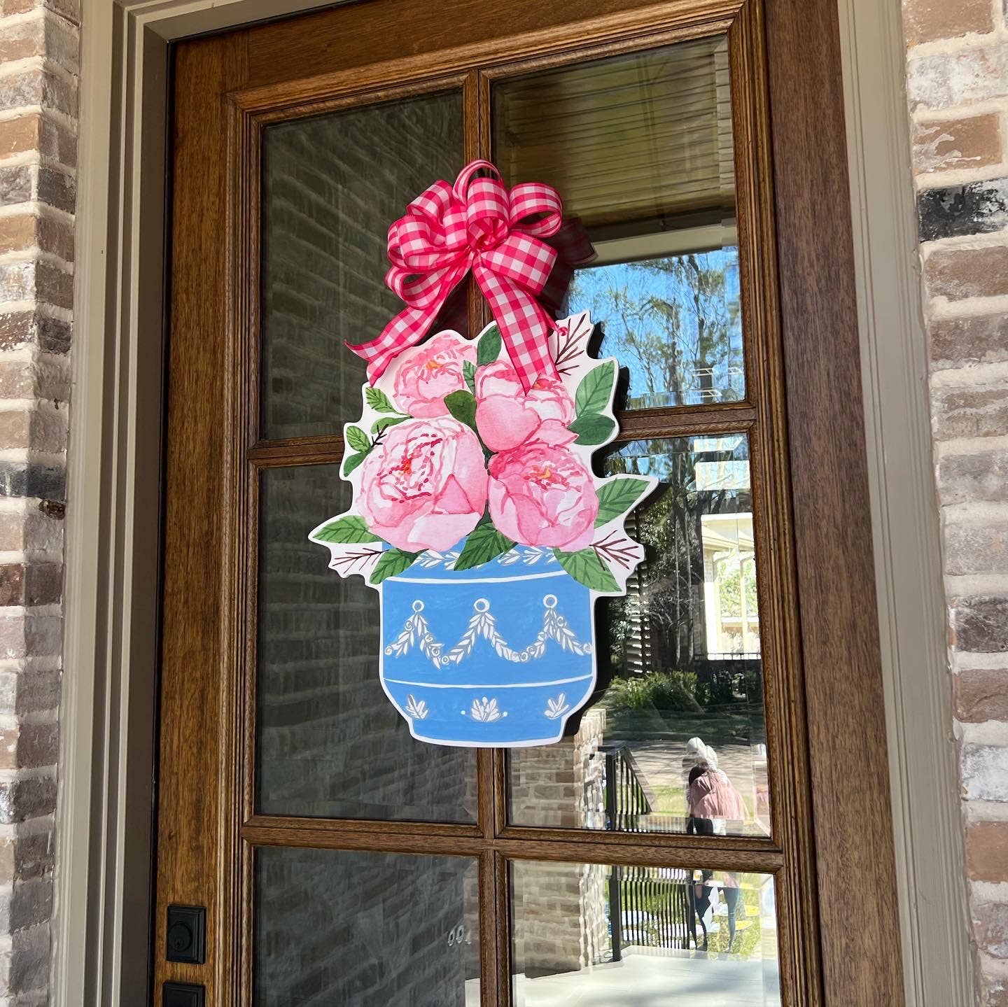 The Sarah Peonies Door Hanger: Light Pink and White Gingham