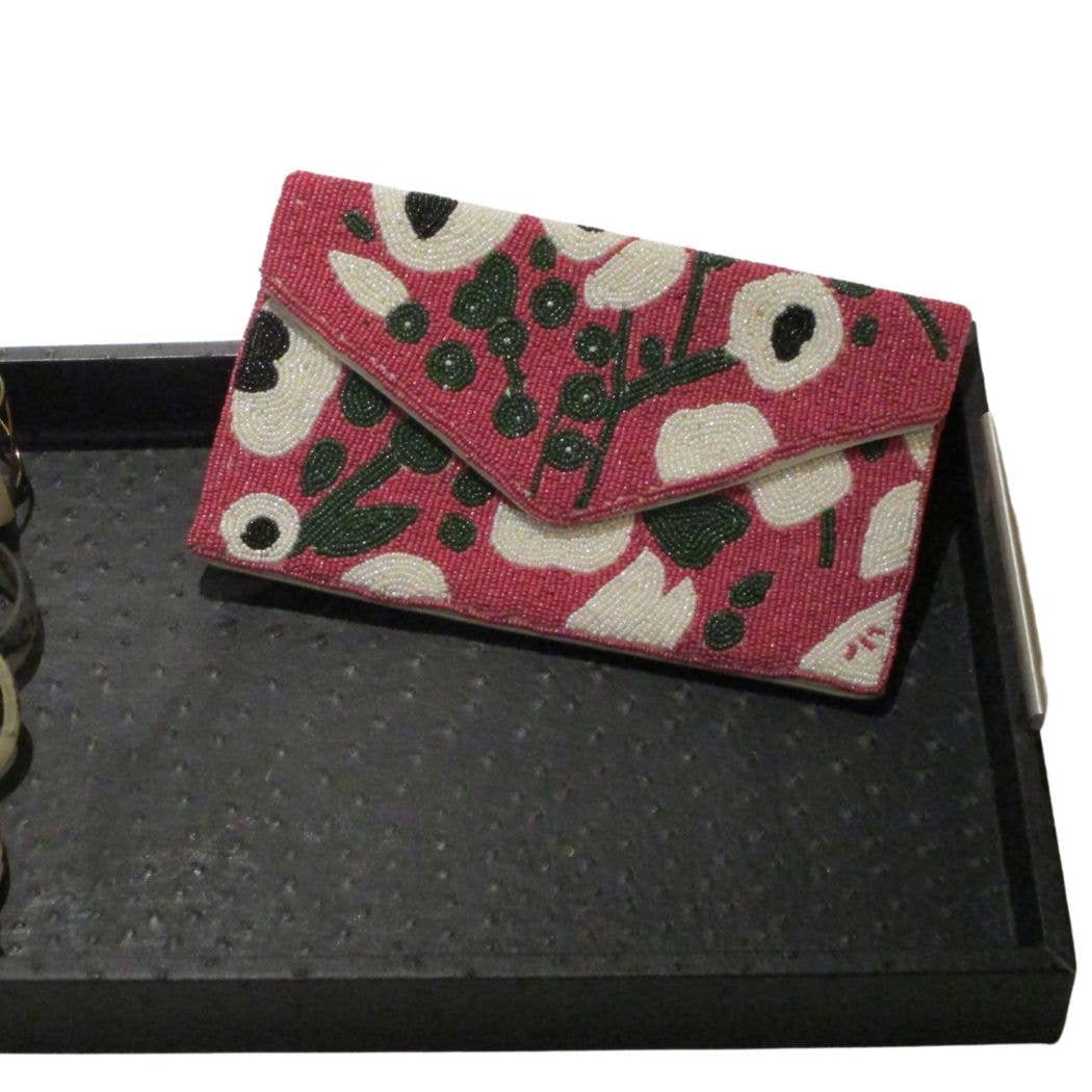 Posta Clutch Hand Beaded Pink & White Floral Design