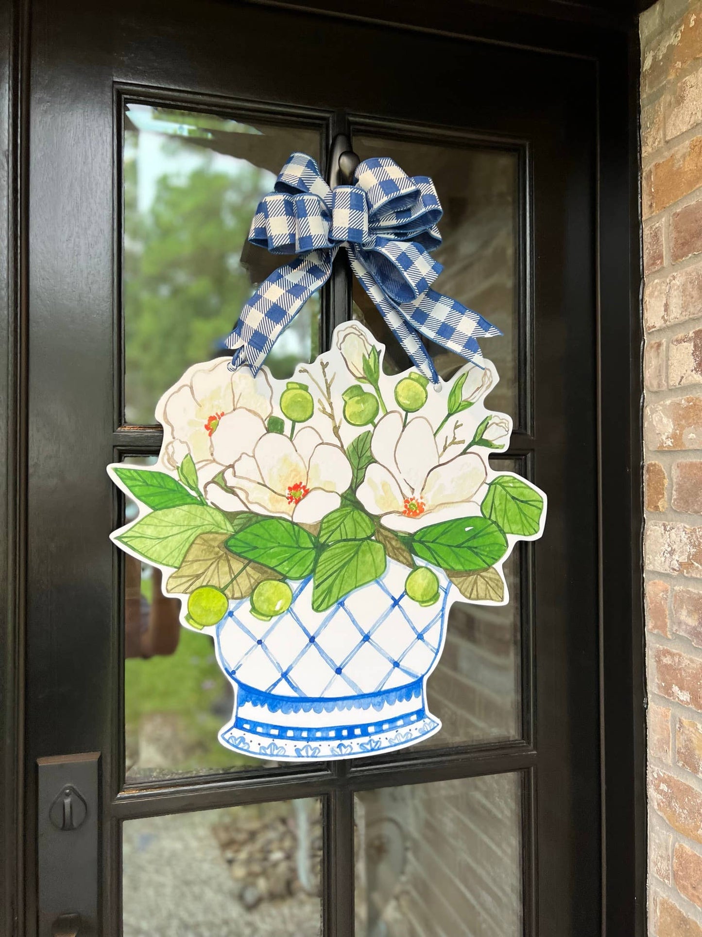 Lacey Magnolia Vase Door Hanger: Royal Blue and White Gingham