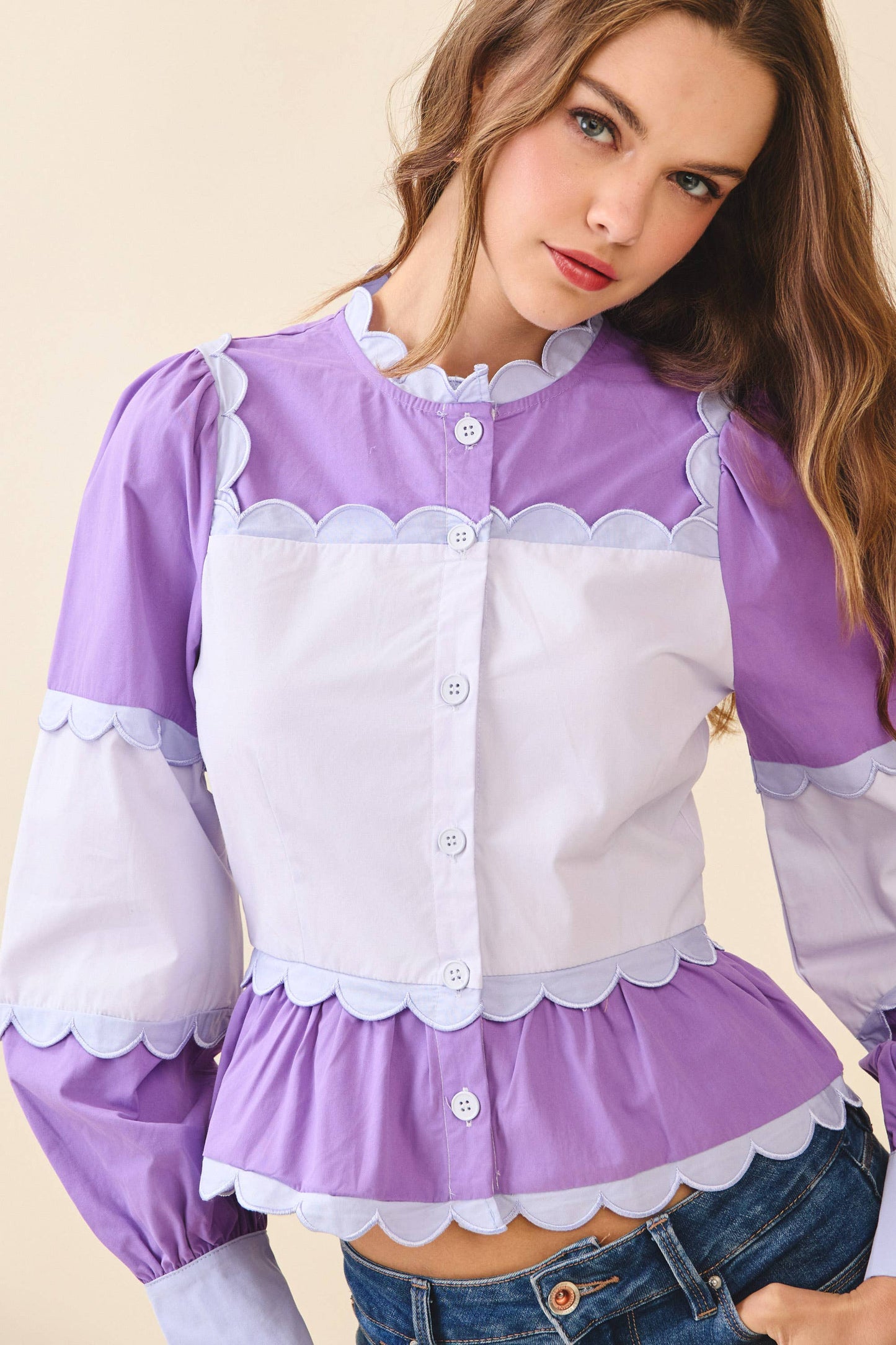 Color Block Scalloped Detail Peplum Top