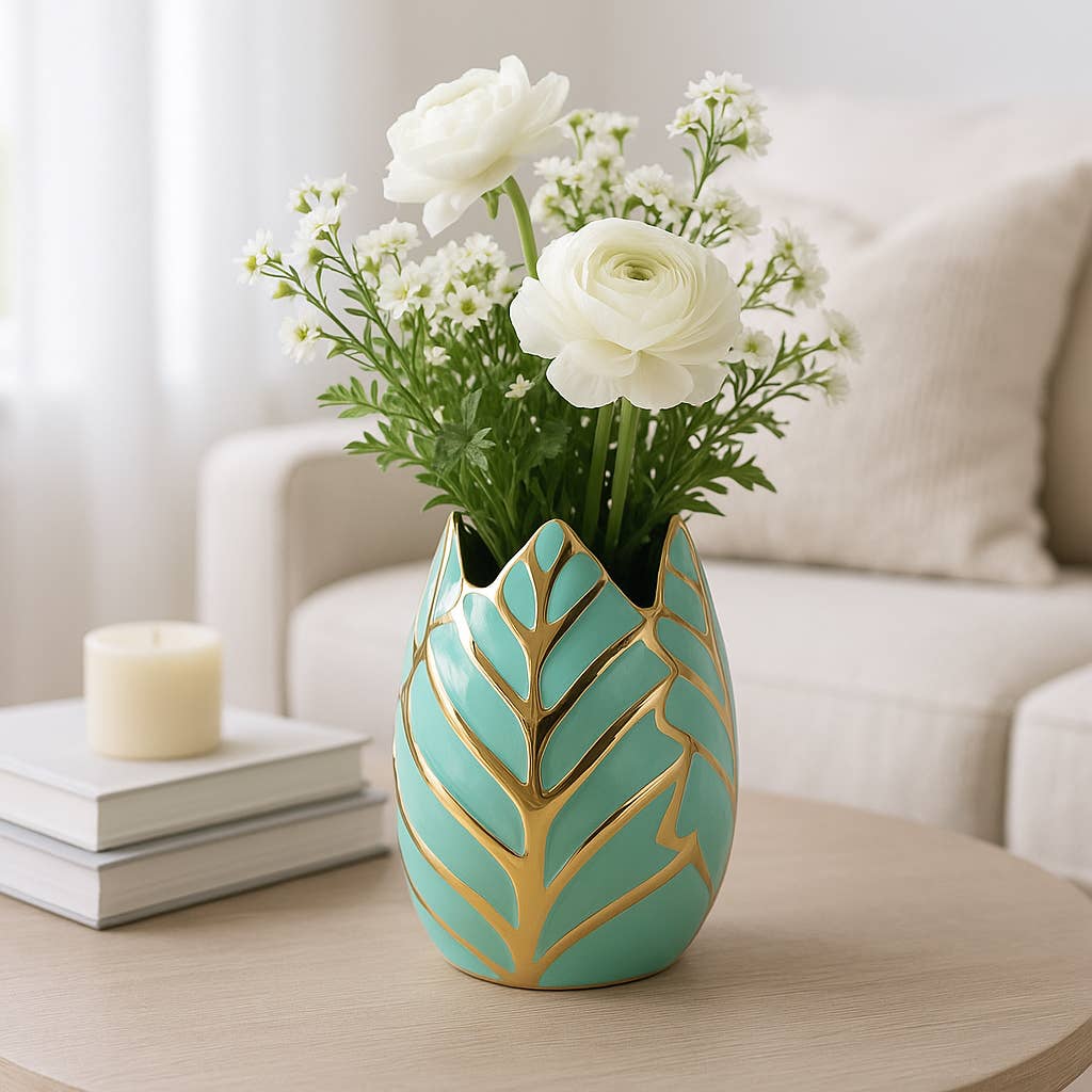 Ceramic Leaf Sculptural Design Flower Vase - Green, 8 in.