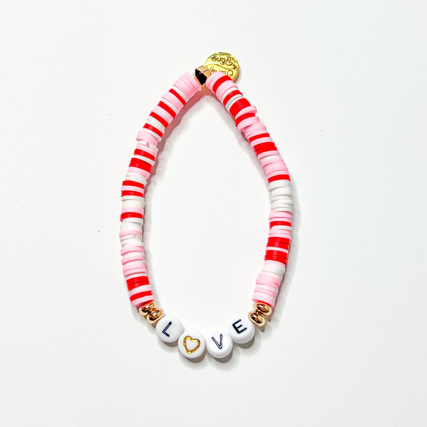 Valentine word Heishi Bracelets: Gold Bead-Pink white red heart
