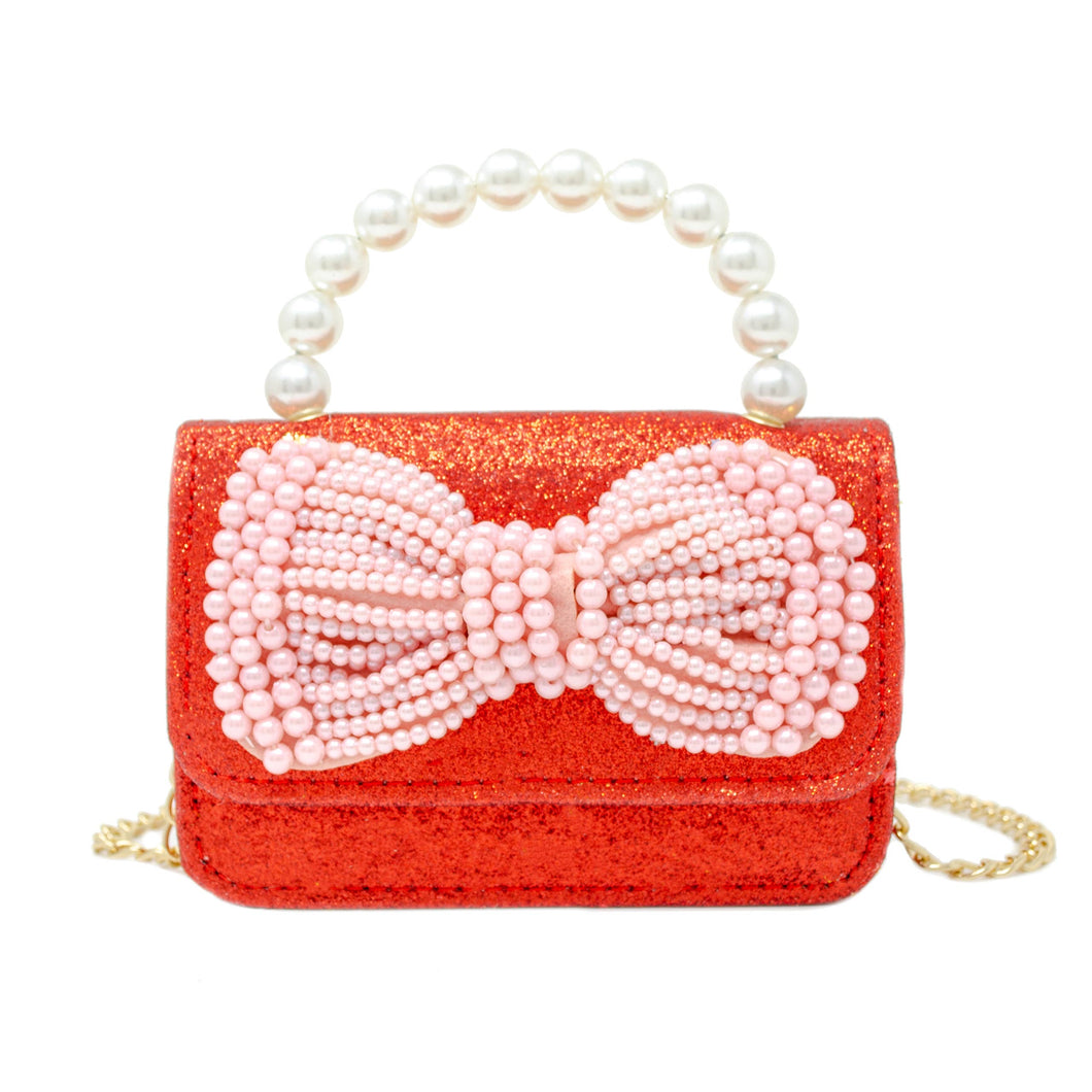 Glitter Pearl Handle Bow Handbag: Red/Pink Bow