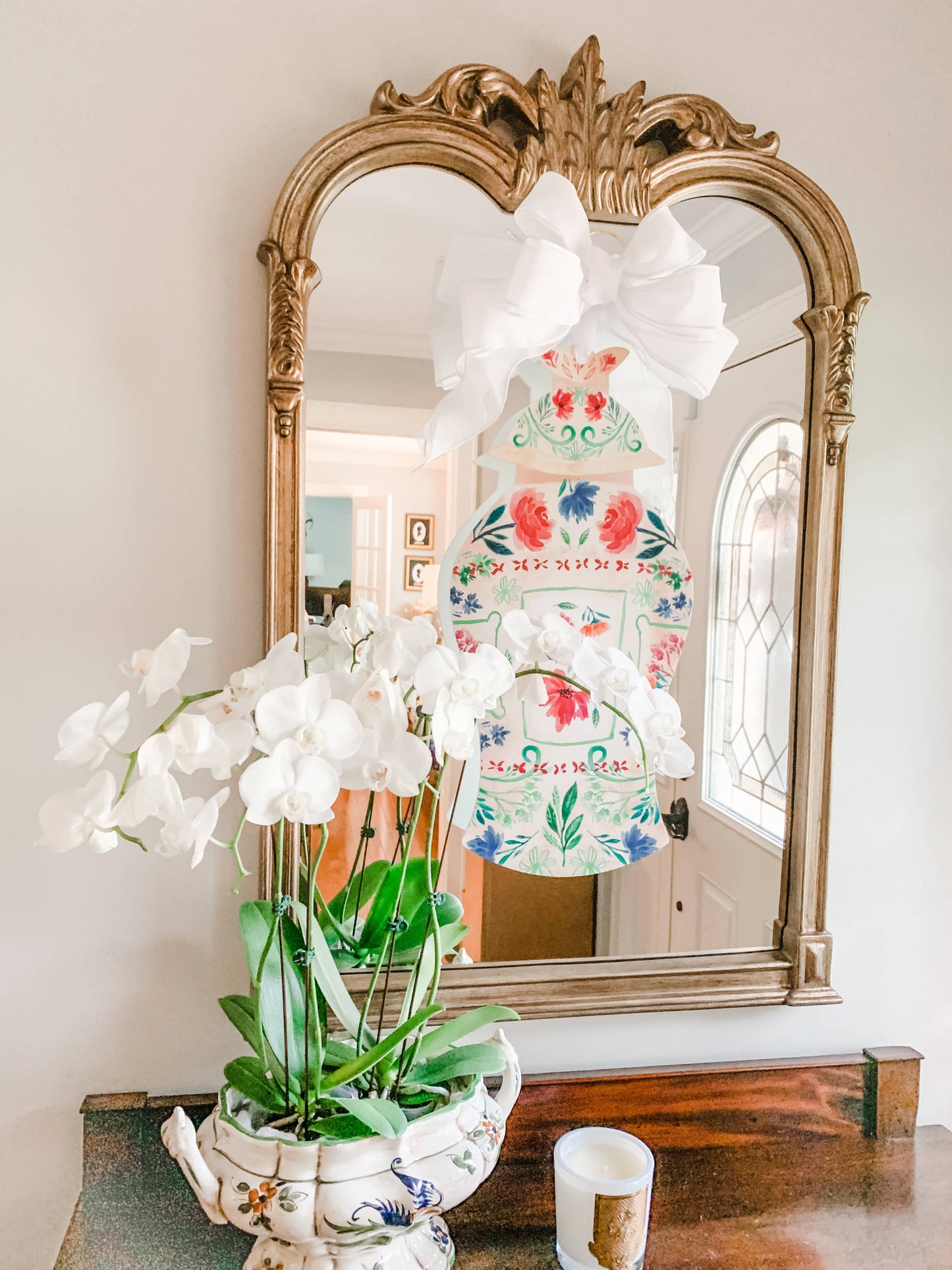 Rose Marie Ginger Jar Door Hanger: Hot pink and white gingham