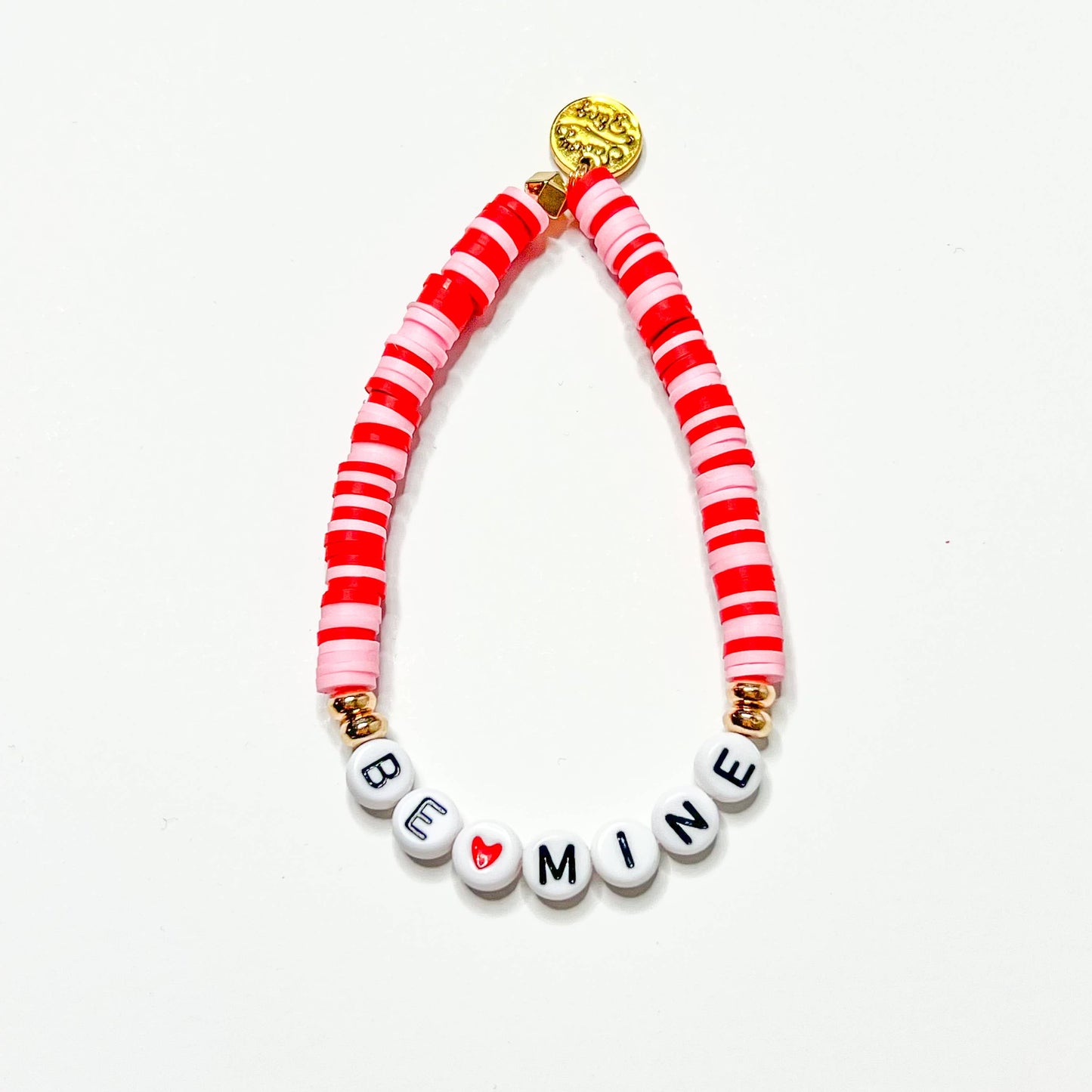 Valentine word Heishi Bracelets: Gold Bead-Pink white red heart