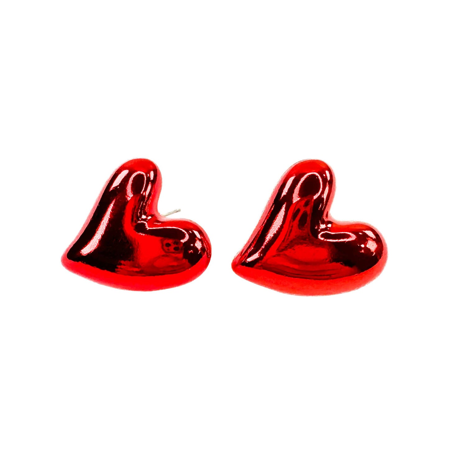 Chunky Heart Valentine Earrings: Metallic Red