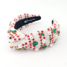 Load image into Gallery viewer, White &amp; Red Knit Winter Headband With Crystals &amp; Pearls
