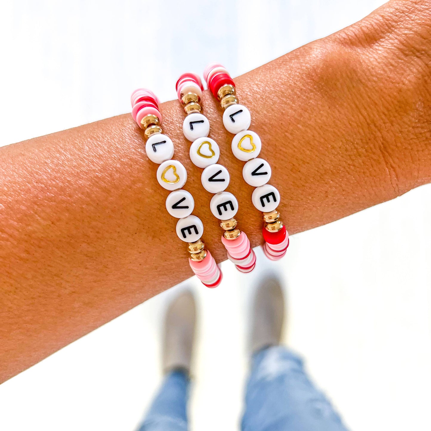 Valentine word Heishi Bracelets: Gold Bead-Pink white red heart