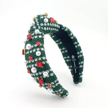 Load image into Gallery viewer, Green &amp; White Knit Winter Headband With Crystals &amp; Pearls
