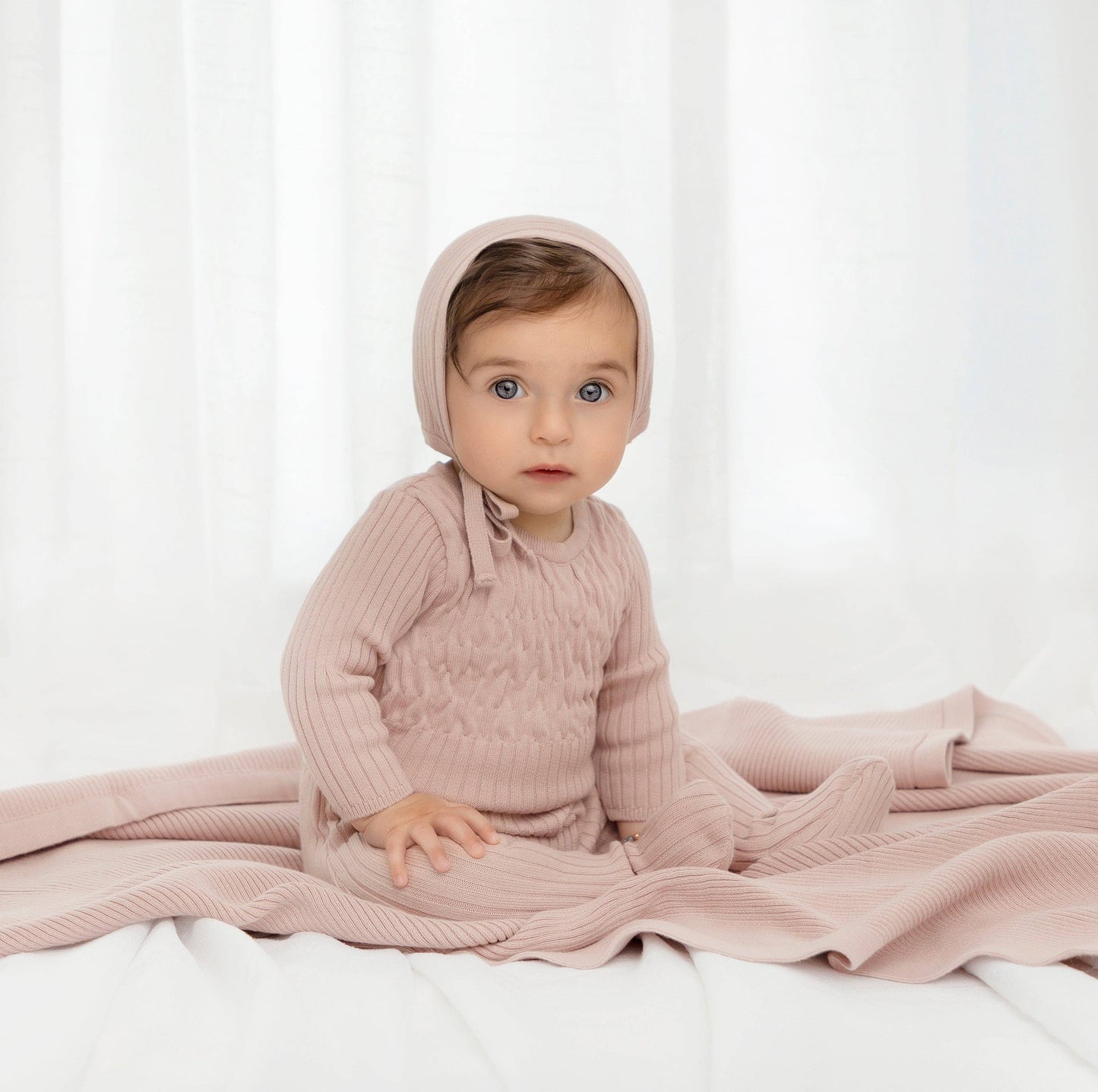 Baby Smocked Ribbed Knit Romper & Bonnet