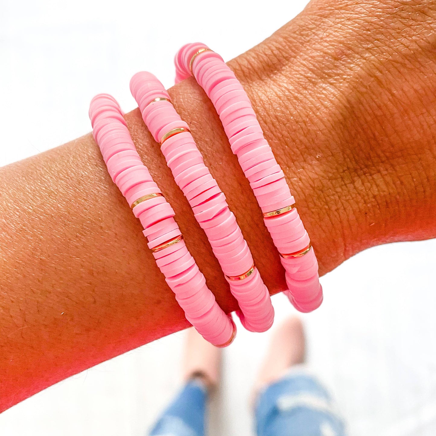 Red Pink and White Vinyl Heishi Bracelet Mix: Light Pink Speckle Dalmatian