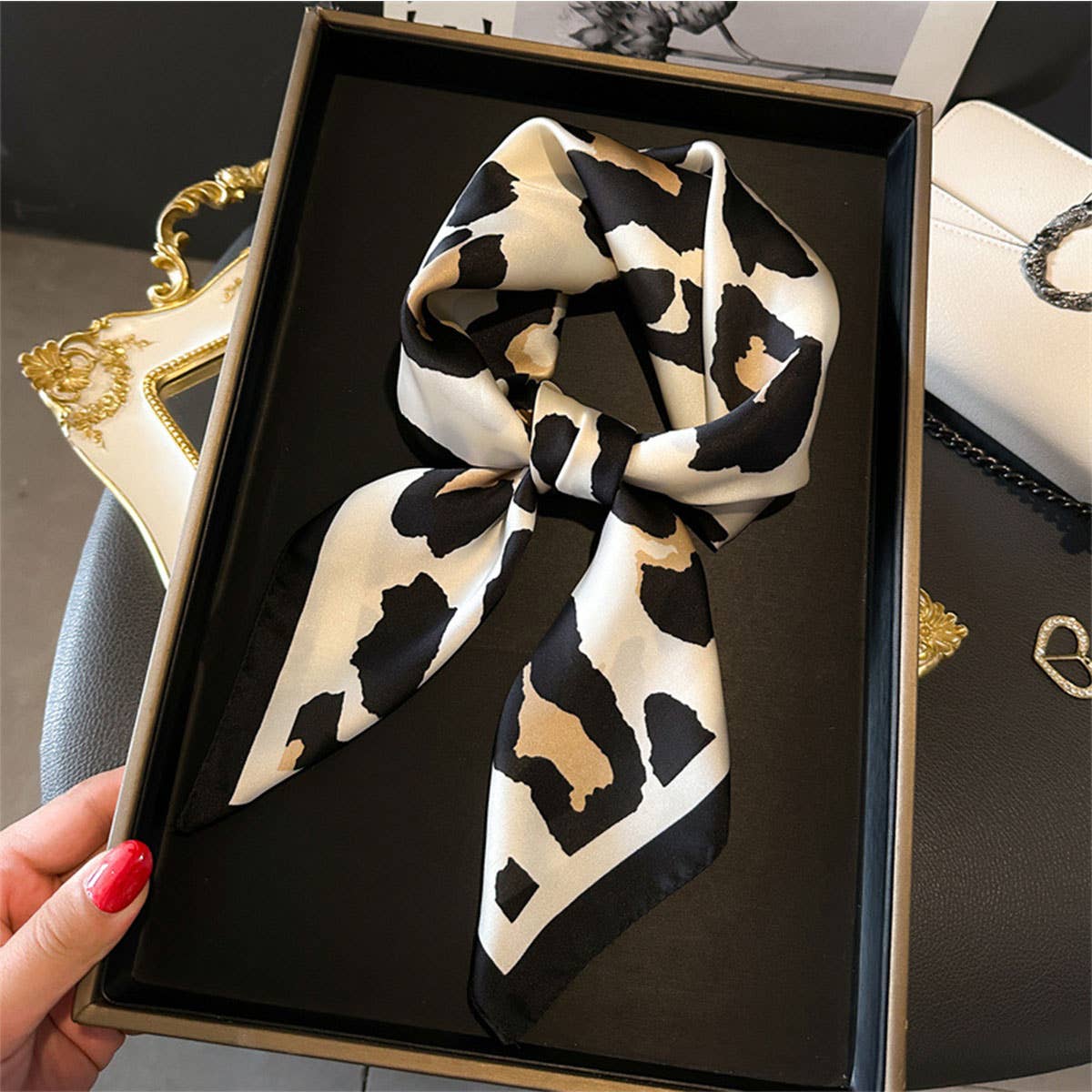 Leopard Print Satin Square Scarf, Hair Wrap