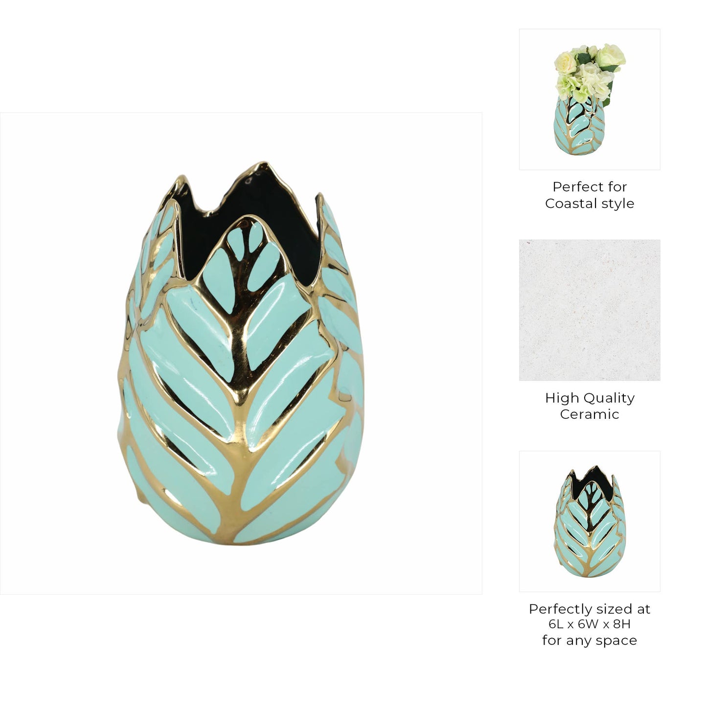 Ceramic Leaf Sculptural Design Flower Vase - Green, 8 in.