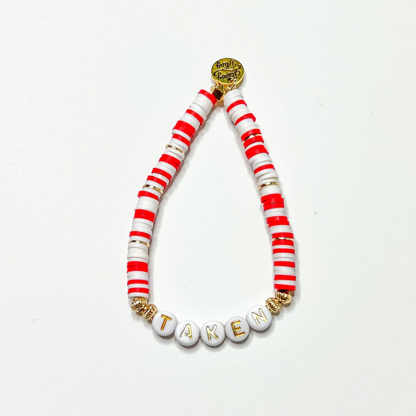 Valentine word Heishi Bracelets: Gold Bead-Pink white red heart