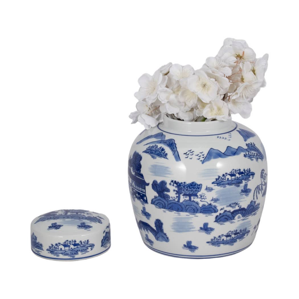 Ceramic Accent Round Lidded Decorative Jar - Blue, 10 in.