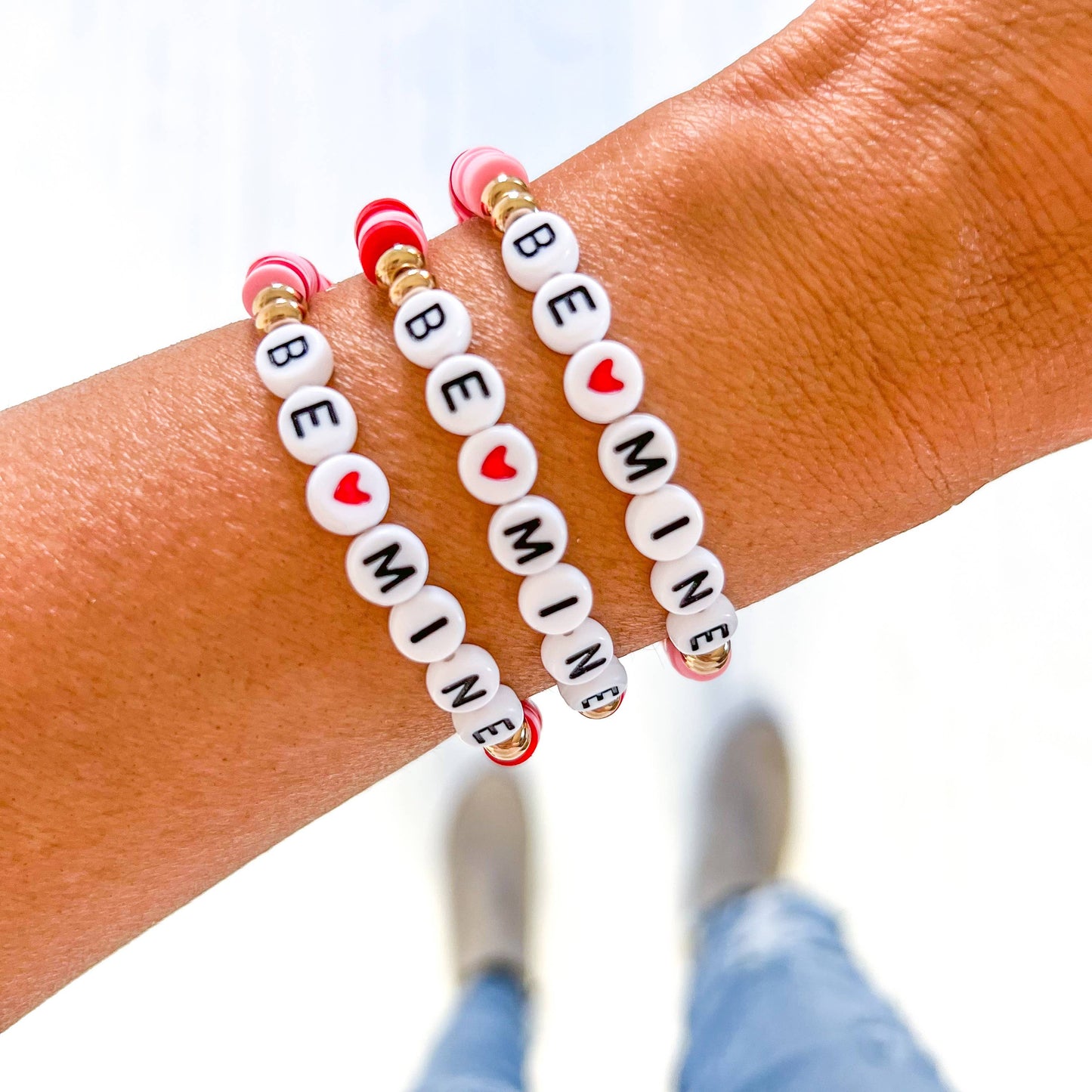 Valentine word Heishi Bracelets: Gold Bead-Pink white red heart
