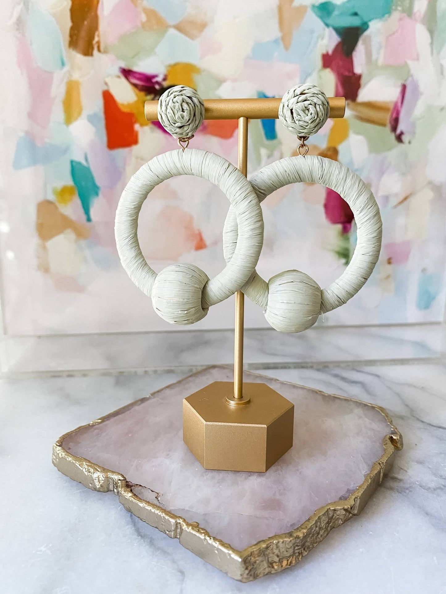 Pastel Mint Raffia Drop Hoop Earrings - Southern Jewelry