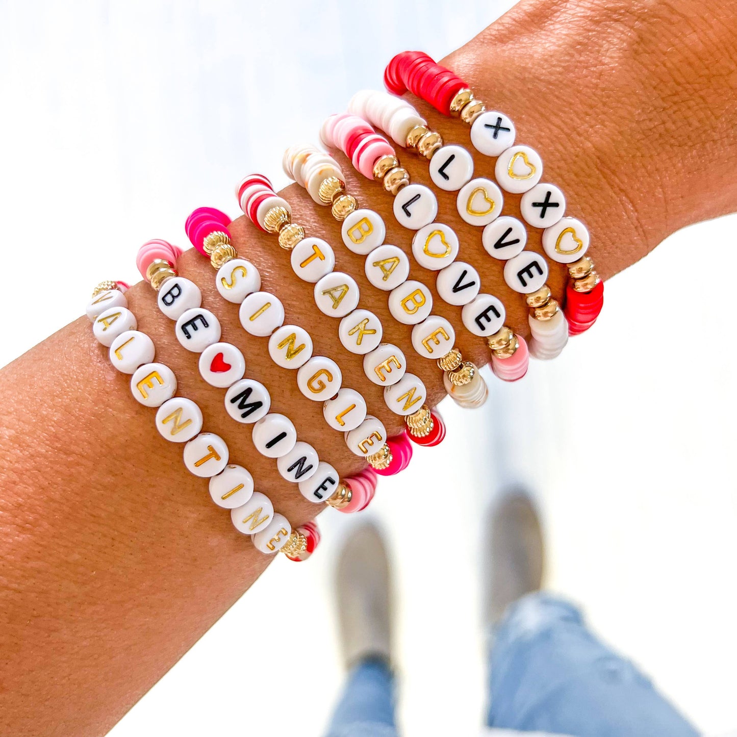 Valentine word Heishi Bracelets: Gold Bead-Pink white red heart