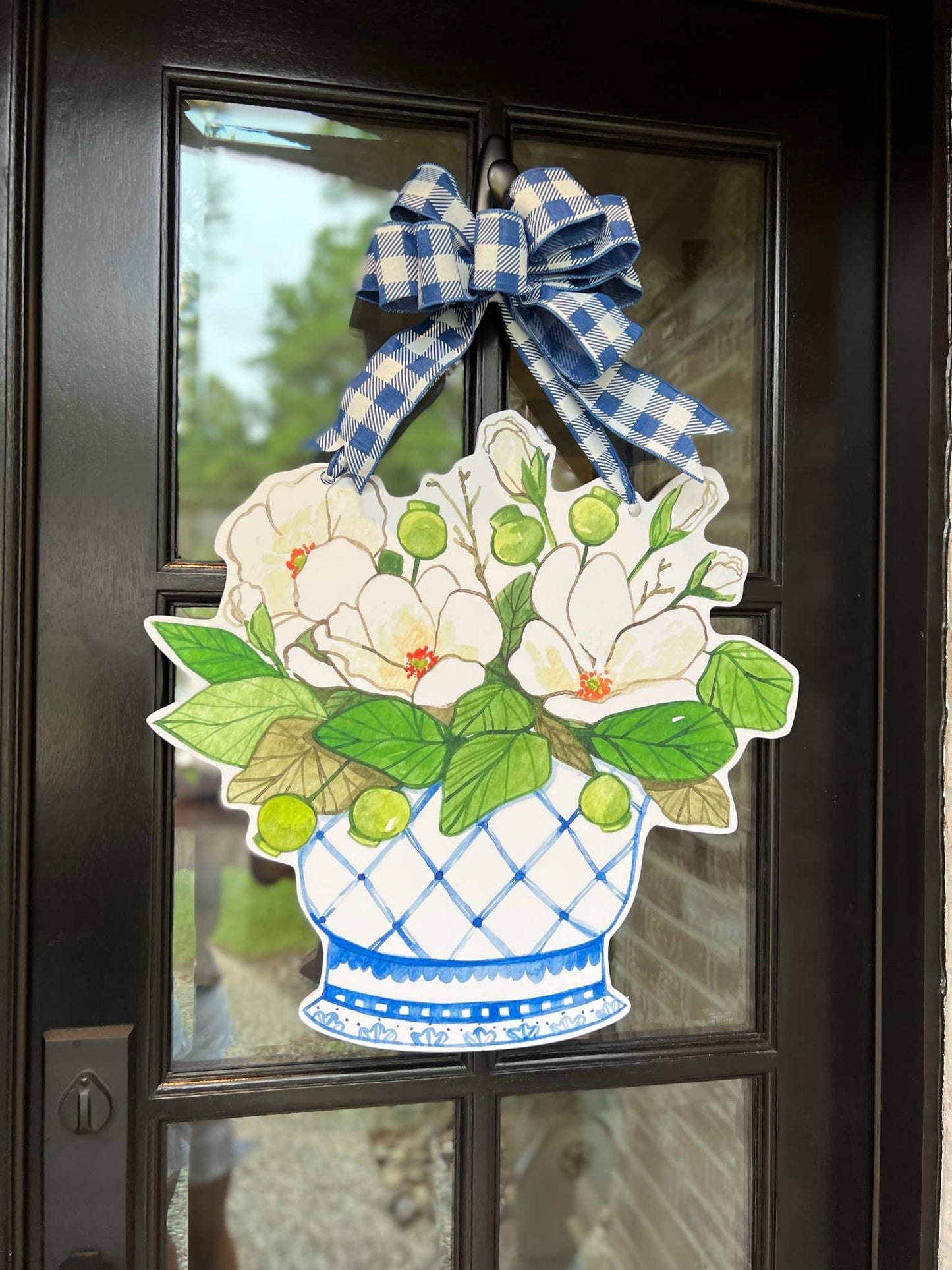 Lacey Magnolia Vase Door Hanger: Royal Blue and White Gingham
