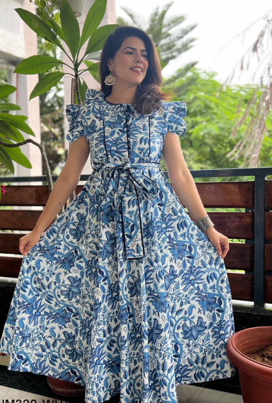 Blue Short Sleeve Block Print Dress