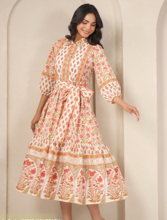 Peach Long Sleeve Block Print Dress