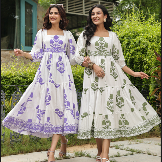 Sage/Lavender Long Sleeve Block Print Dress