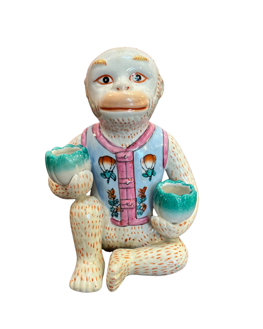 Hand-painted ceramic Chinoiserie monkey candle holder