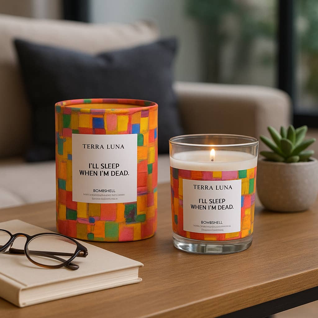 Boxed Candle - Yellow/Orange Glass "Sleep When Dead", 7 Oz