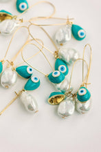 Load image into Gallery viewer, Natural Pearl and Evil Eye Threader Statement Earrings
