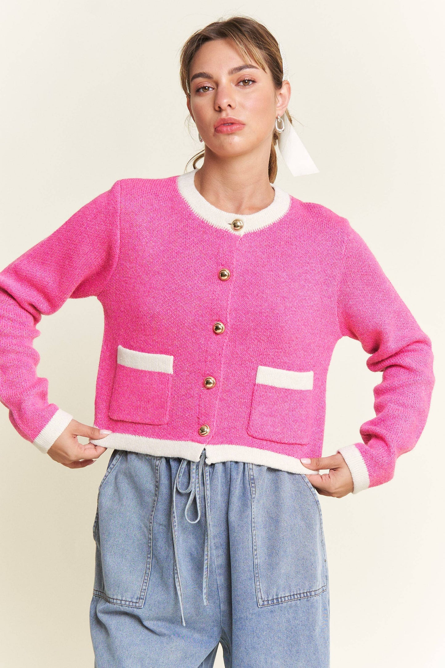 Pink Round Neck Boho Cardigan