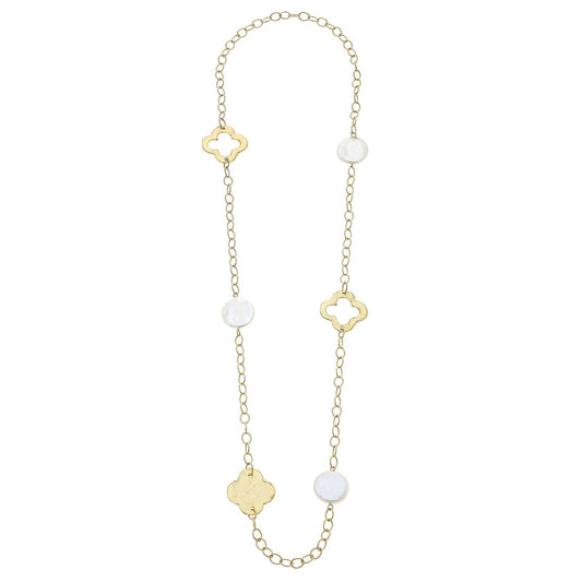 36" Gold Clover and Genuine Large Coin Pearl Chain Necklace