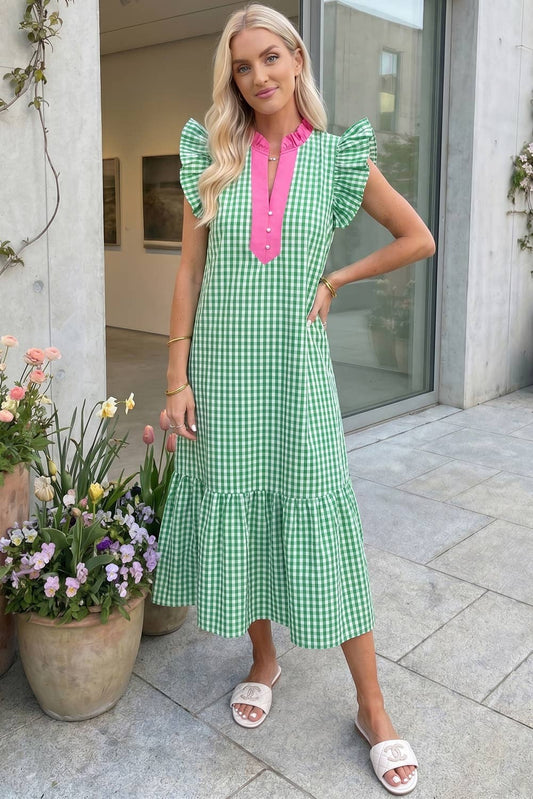 Summer Plaid V-Neck Ruffle Sleeve Tiered Midi Dress