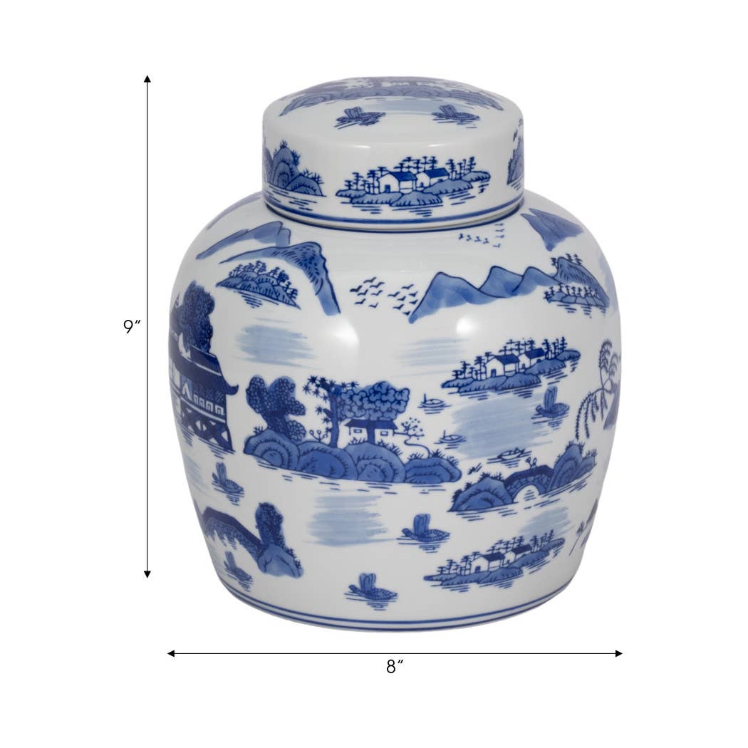 Ceramic Accent Round Lidded Decorative Jar - Blue, 10 in.