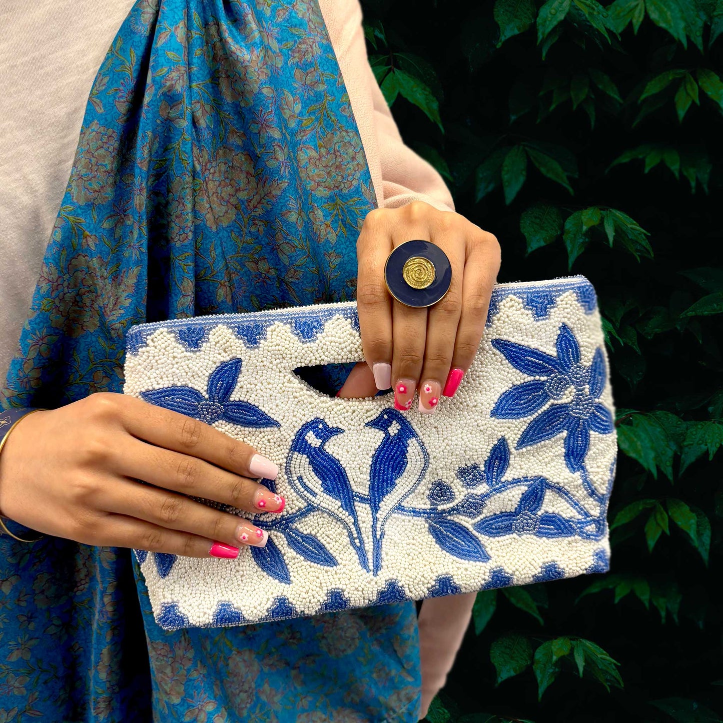 Mewer Clutch Blue Beaded Floral & Bird Design