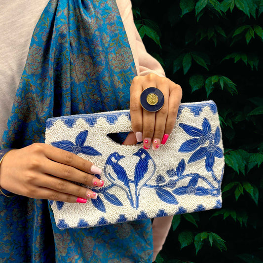 Mewer Clutch Blue Beaded Floral & Bird Design