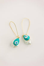 Load image into Gallery viewer, Natural Pearl and Evil Eye Threader Statement Earrings
