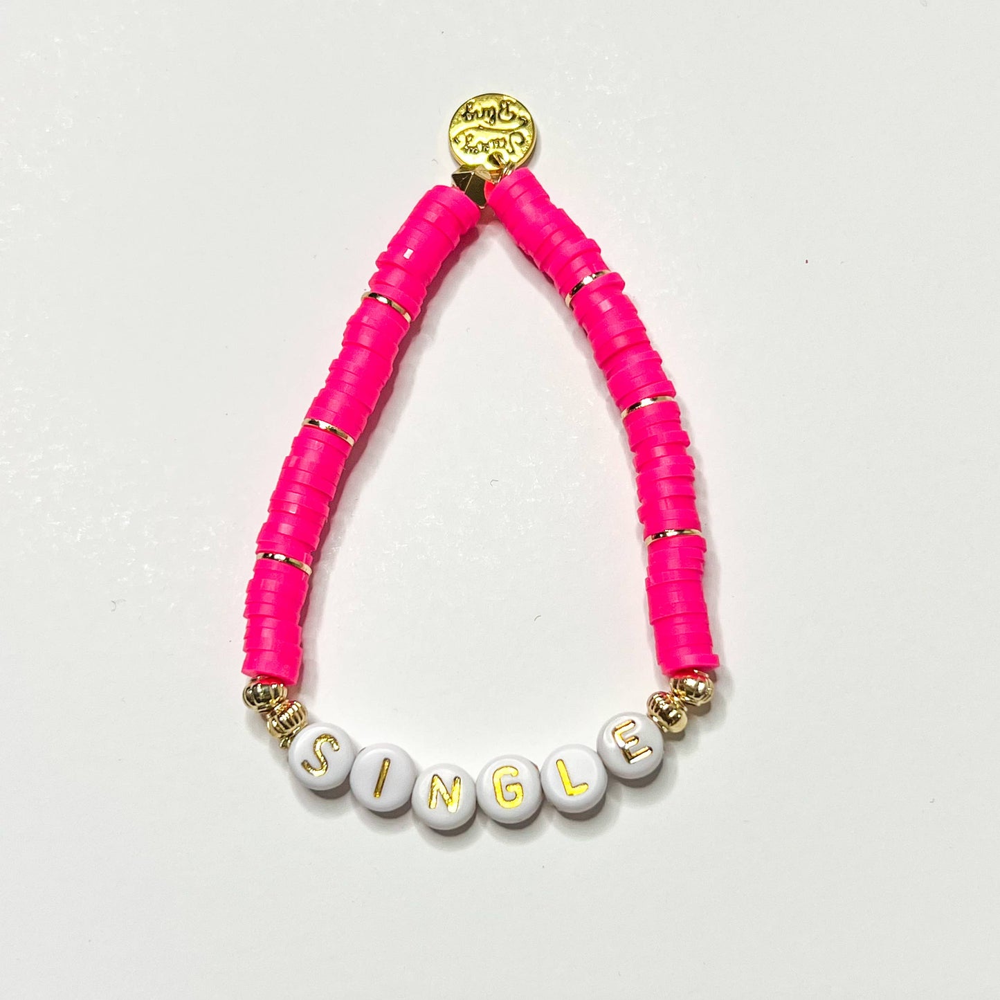 Valentine word Heishi Bracelets: Gold Bead-Pink white red heart