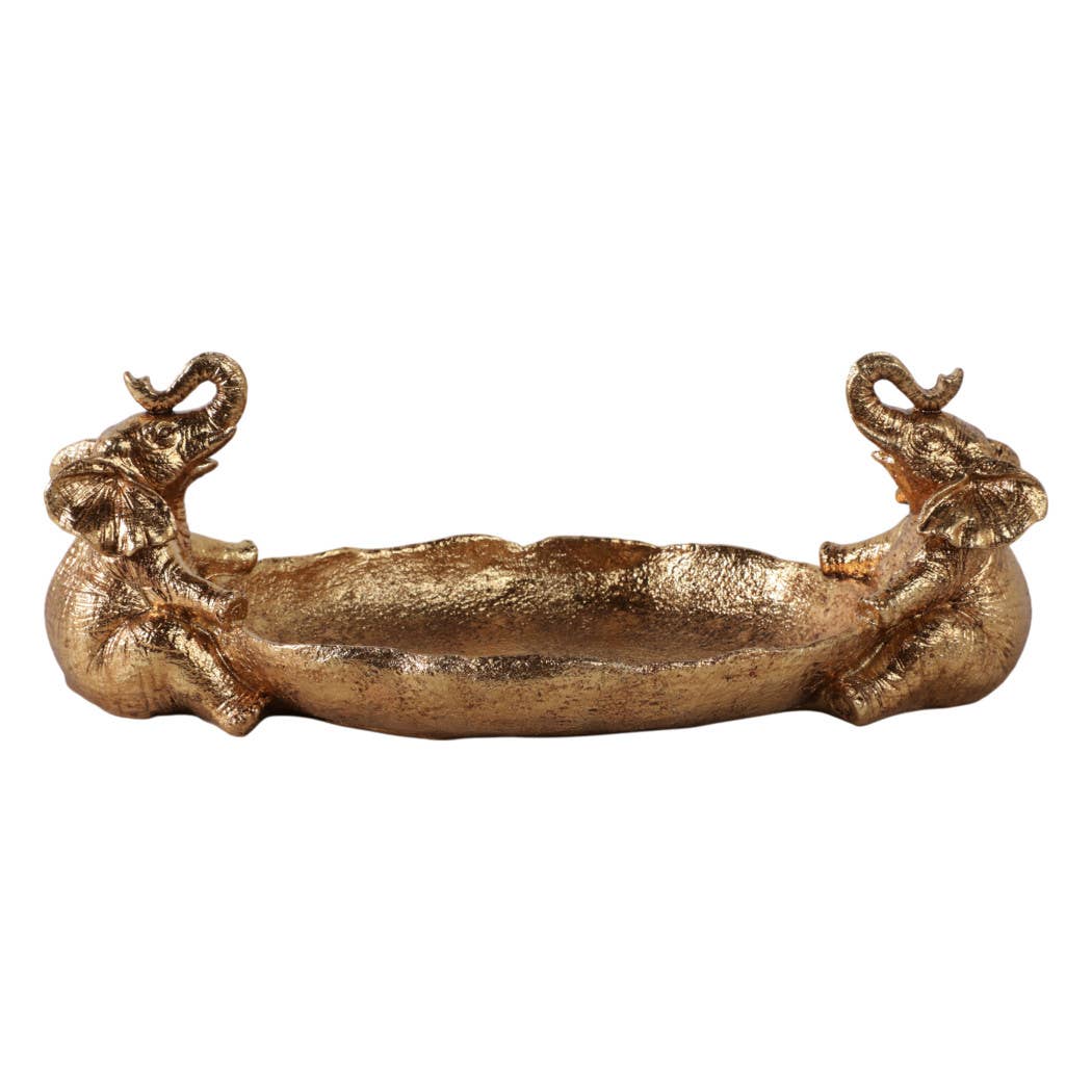 Resin Two Elephant Figurines Holding Bowl - Gold, 14 in.