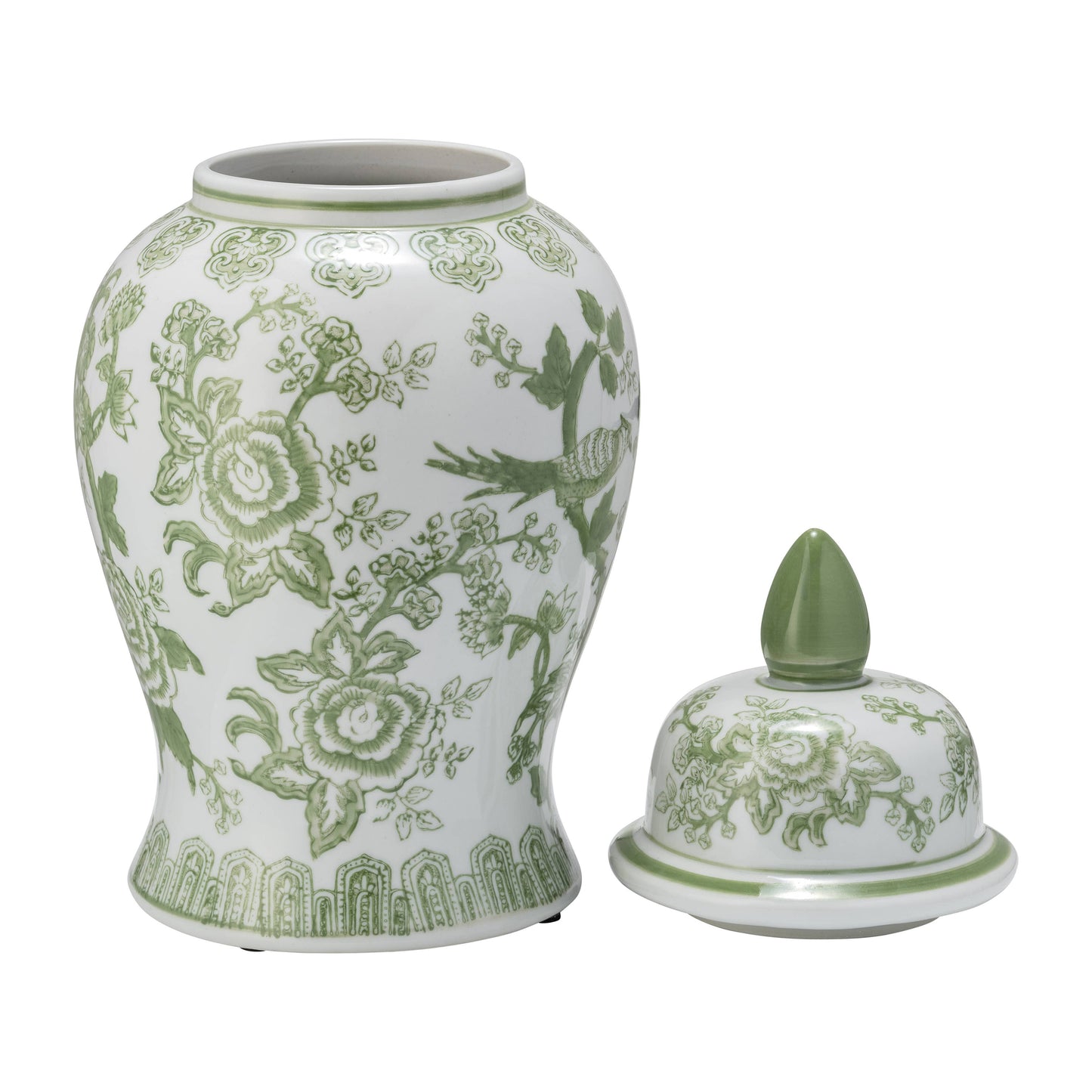 Green/White Bird and Flower Temple Chinoiserie Jar