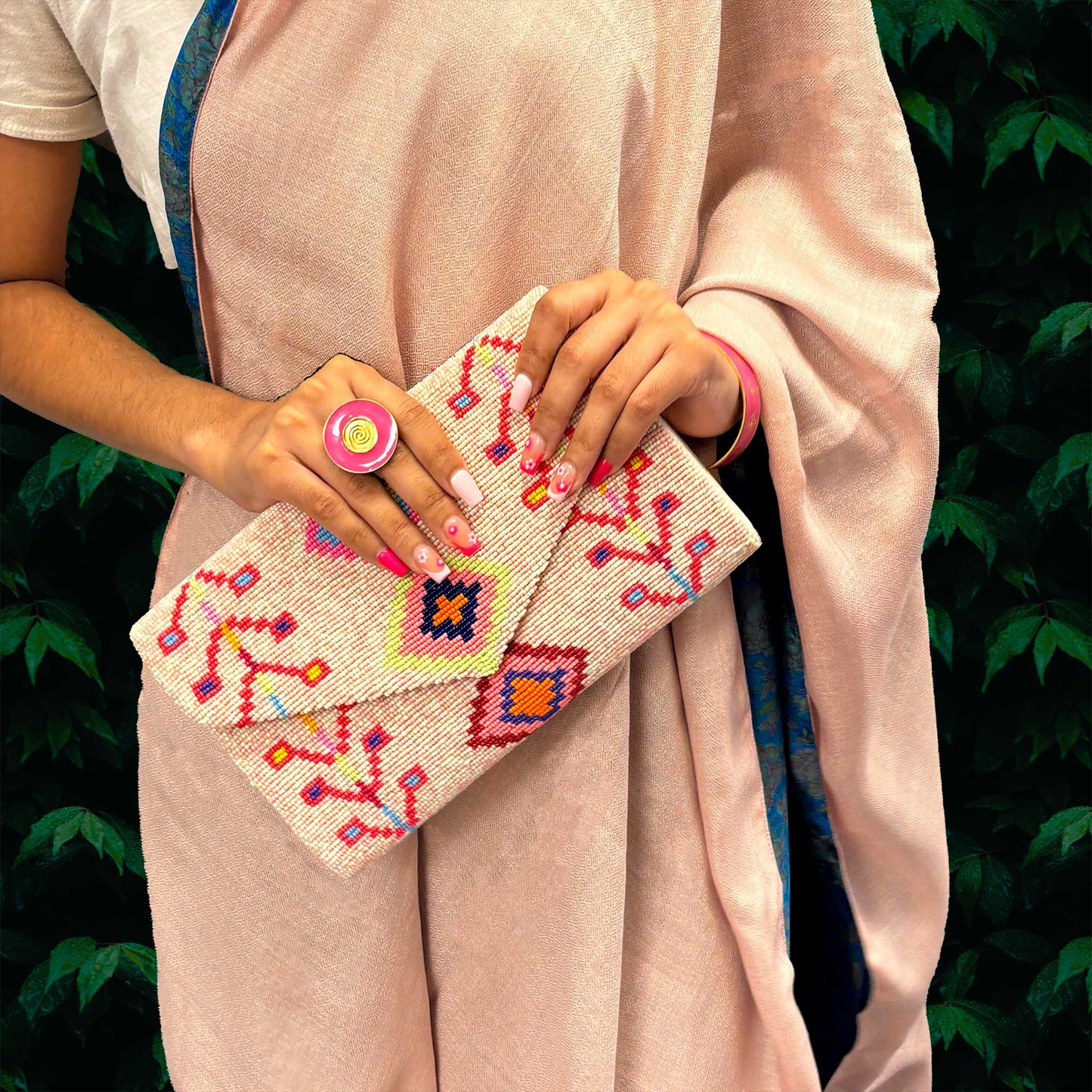 Guptra Clutch Hand Beaded Pink & White Tribal Design