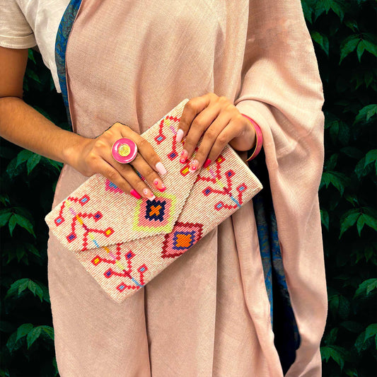 Guptra Clutch Hand Beaded Pink & White Tribal Design