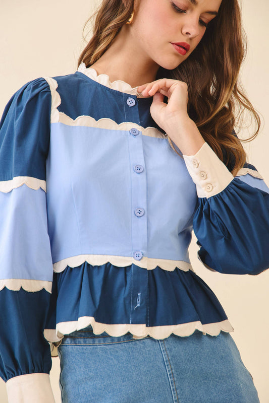 Color Block Scalloped Detail Peplum Top