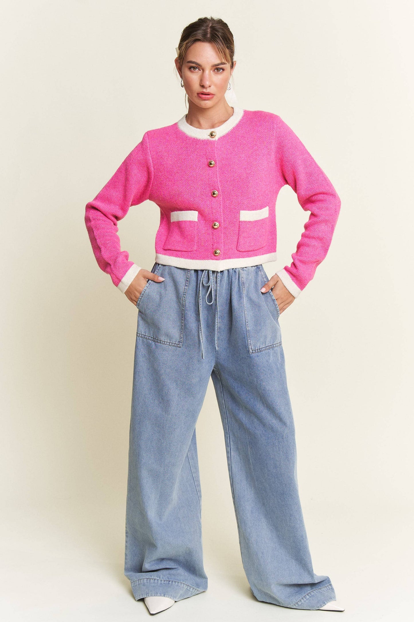 Pink Round Neck Boho Cardigan